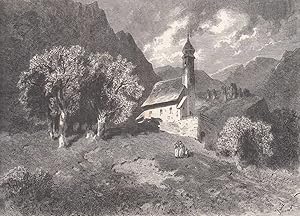 Bild des Verkufers fr Kirche auf dem Bergli bei Glarus (wohl die Kapelle St. Michael). Idyllische Ansicht. zum Verkauf von Antiquariat Hild