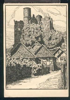 Bild des Verkufers fr Ansichtskarte: Blick aus dem Ort auf die Ruine. Zeichnung aus dem Wanderbuch "Das Werratal". x, s/w, I-II, um 1920. zum Verkauf von Antiquariat Hild
