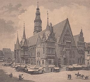 Bild des Verkufers fr Das Rathaus in Breslau. Sehr schne Ansicht mit Marktstnden und figrlicher Staffage. zum Verkauf von Antiquariat Hild