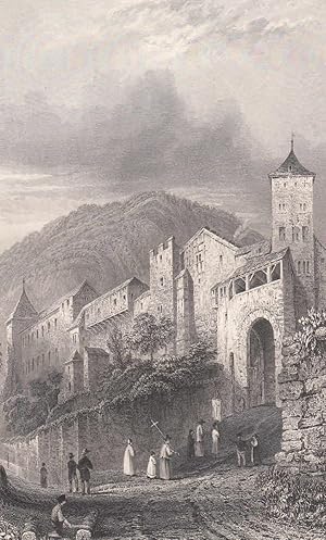 Imagen del vendedor de Der alte Turm Marsl in Chur. Ansicht mit einer kleinen Prozession im Vordergrund. a la venta por Antiquariat Hild