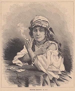 Walachische Zigeunerin. Pfeife rauchend, vor ihr liegen Spielkarten.