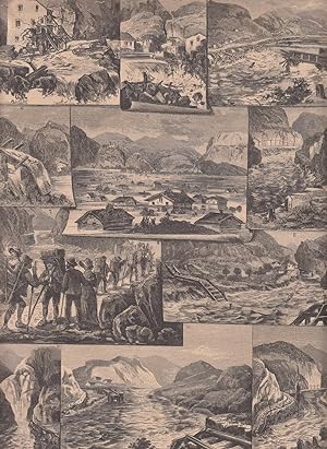 Überschwemmung in Tirol: 12 Abbildungen auf einem Blatt. Zeigt: 1. Das zerstörte Kardaun nächst B...