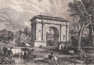 Bild des Verkufers fr Der Triumphbogen des Augustus (Arco d'Augusto). Schne Ansicht mit Husern von Aosta, links im Vordergrund Khe. zum Verkauf von Antiquariat Hild