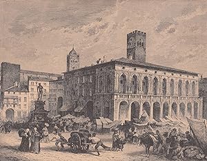 Rathaus und Marktplatz in Bologna. Ansicht mit lebhaftem Markttreiben.