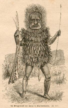 Imagen del vendedor de Eingeborener in einer Kriegsmaske (eine, aus dem Holz der Kokospalme geschnitzte Larve). a la venta por Antiquariat Hild