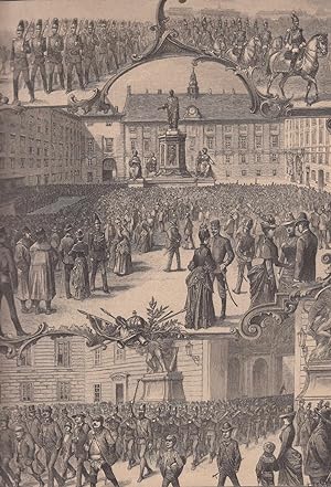Die Wachparade in der kaiserlichen Burg in Wien. 4 Abbildungen auf einem Blatt. Zeigt: Aufmararsc...