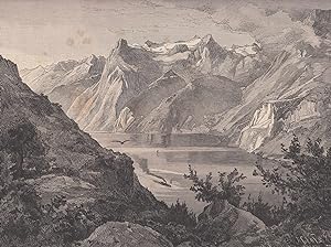 Blick vom Axenstein auf den Uri Rotstock. Ansicht mit einem Dampfer auf dem See.