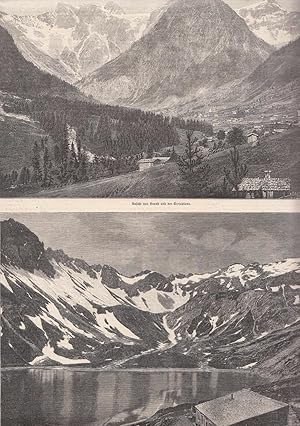 Bild des Verkufers fr 2 Ansichten auf 1 Blatt. Zeigt: 1. Ansicht von Brand und der Schesaplana. 2. Der Lndersee und die Douglasshtte. zum Verkauf von Antiquariat Hild