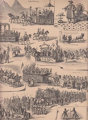 Seller image for Das Volksschauspiel der "Japanesen" in Schwyz. 13 Abbildungen auf einem Blatt. Zeigt u.a.: Lieni und Bettelvogt, Taikun, Touristen. for sale by Antiquariat Hild