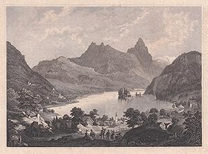 Seller image for Der Lauerzersee. Sehr schne Ansicht von einer Anhhe aus mit Blick zur Insel Schwanau, im Vordergrund die Ortschaft. for sale by Antiquariat Hild