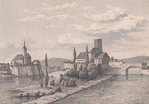 Bild des Verkufers fr Ansicht von einer kleinen Anhhe aus mit der ehemaligen Burg und der Kirche. zum Verkauf von Antiquariat Hild