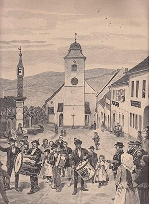 Seller image for Das Maiaustrommeln in Hritz. Sehr schne Ansicht an der Hauptstrae mit der Pfarrkirche, der alten Schandsule und den umliegenden Husern. for sale by Antiquariat Hild