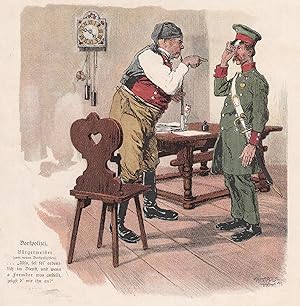 Bild des Verkufers fr Humoristische Szene zwischen Dorfpolizist und Brgermeister. zum Verkauf von Antiquariat Hild