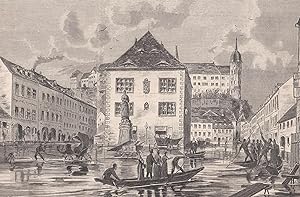 Bild des Verkufers fr Die Hochflut der Elbe am Gewandhaus (heute das Theater) zu Meien am 24. Mrz 1886. Ansicht unterhalb des Burgberges mit der Albrechtsburg. Menschen befahren mit Booten den Theaterplatz, das Gewandhaus und die nahe gelegenen Huser stehen unter Wasser. zum Verkauf von Antiquariat Hild