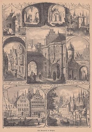 Bild des Verkufers fr Alte Bauwerke in Belgien. 8 Ansichten auf einem Blatt. Zeigt u.a: Altes Tor bei Brgge, Schifferhuser in Gent. zum Verkauf von Antiquariat Hild