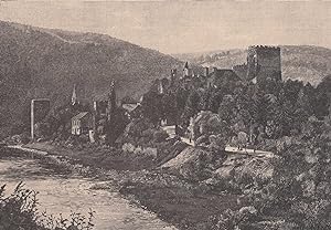 Bild des Verkufers fr Burg Altwied im Wiedbachtal, der Stammsitz der Grafen von Wied. Schne Ansicht von einer Anhhe aus. zum Verkauf von Antiquariat Hild