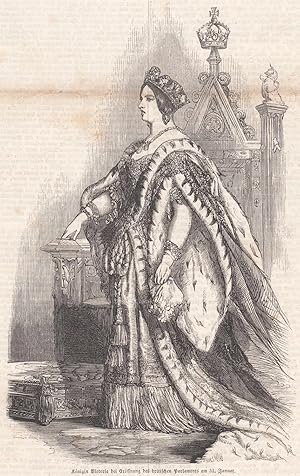 Bild des Verkufers fr Knigin Victoria bei der Erffnung des britischen Parlamentes am 31. Januar. Ganzbild mit Krone vor dem Thron stehend. zum Verkauf von Antiquariat Hild