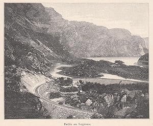 Seller image for Partie am Loppiosee (heute ein verlandeter See). Ansicht von einer Anhhe aus, im Vordergrund die Eisenbahntrasse. for sale by Antiquariat Hild