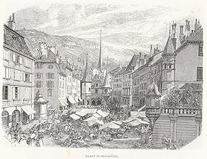 Bild des Verkufers fr Der Marktplatz. Ansicht mit lebhaftem Markttreiben. zum Verkauf von Antiquariat Hild