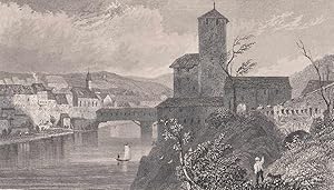 Bild des Verkufers fr Sehr schne Ansicht von Westen mit der alten, hlzernen Rheinbrcke. Im Vordergrund das Schloss Eglisau. zum Verkauf von Antiquariat Hild