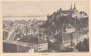Bild des Verkufers fr Ansicht mit dem Schloss und Blick zum Neuenburgersee. zum Verkauf von Antiquariat Hild