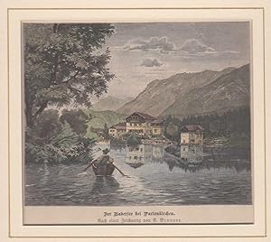 Bild des Verkufers fr Der Badersee bei Garmisch-Partenkirchen. Schne Ansicht mit Blick ber See auf Huser am anderen Ufer. zum Verkauf von Antiquariat Hild