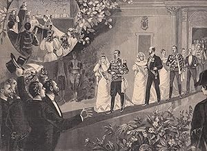 Imagen del vendedor de Die Hochzeit des Frsten. Das Brautpaar auf dem roten Teppich. Gefolgt von der Frstin Clementine und dem Herzog Robert von Parma, dem Bruder des Frsten und Stambulow. Rechts oben kleine Ansicht whrend der Trauung. a la venta por Antiquariat Hild