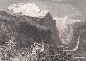 Seller image for Das Lauterbrunnental. Schne Ansicht mit einem Holzhaus im Vordergrund, im Hintergrund der Staubbachwasserfall. for sale by Antiquariat Hild