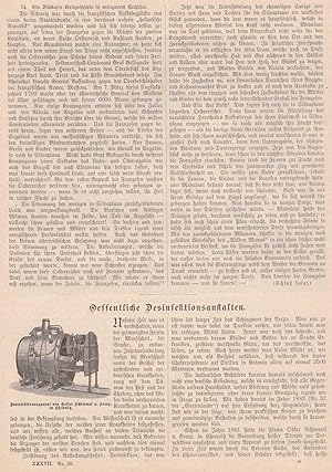 Bild des Verkufers fr ffentliche Desinfektionsanstalten. 3 Abbildungen mit Text auf zwei Blatt. Zeigt: 1. Desinfektionsapparat von Oskar Schimmel u. Komp. in Chemnitz. 2. In der ffentlichen Desinfektionsanstalt in Berlin. 3. Schematischer Grundri einer ffentlichen Desinfektionsanstalt. zum Verkauf von Antiquariat Hild