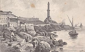 Imagen del vendedor de Arme Austernsammler an den Klippen von Genua. Ansicht mit den Husern von San Pier d`Arena und dem Leuchturm Lanterna. a la venta por Antiquariat Hild