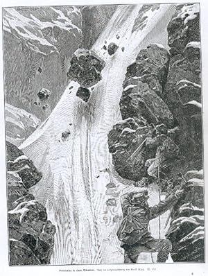 Steinlawine in einem Eiscouloir. 2 Bergsteiger werden in einer Eisrinne von einer Steinlawine übe...
