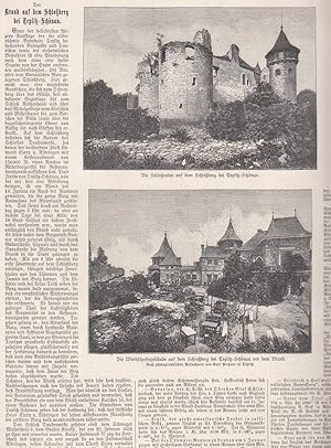 Bild des Verkufers fr Der Brand auf dem Schloberg bei Teplitz-Schnau. 2 Abbildungen mit Text zum Thema auf einem Blatt. Zeigt: 1. Die Schloruine. 2. Die Wirtschaftsgebude, Ansicht vor dem Brand. zum Verkauf von Antiquariat Hild