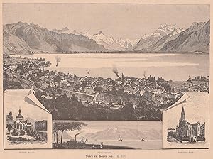 Seller image for 4 Ansichten auf einem Blatt. Zeigt: 1. Groe Gesamtansicht mit Blick ber den Genfer See. 2. Uferprommenade. 3. Katholische Kirche. 4. Russische Kapelle. for sale by Antiquariat Hild