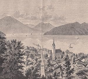 Bild des Verkufers fr Gesamtansicht von einer Anhhe aus mit Blick ber den See. zum Verkauf von Antiquariat Hild