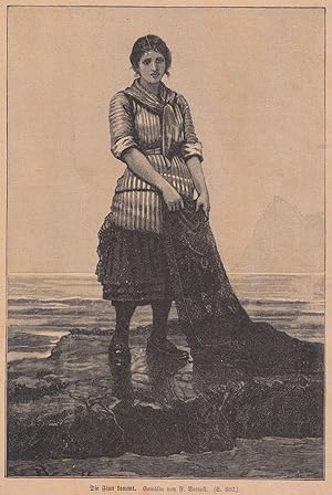 Bild des Verkäufers für Verrall, F.: Die Flut kommt. Fischermädchen mit Netz auf einem Felsen stehend. zum Verkauf von Antiquariat Hild
