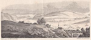 Bild des Verkufers fr Panorama von Stolzenfels. Schne Ansicht mit weitem Blick ins Rheintal und auf den Zuflu der Lahn, rechts der Ort mit der Kirche und die Brcke auf dem Weg nach Stolzenfels. zum Verkauf von Antiquariat Hild