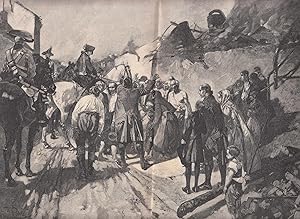 Bild des Verkufers fr Friedrich der Groe vor der Schlacht bei Zorndorf in dem zerstrten Kstrin. Friedrich der II. sitzt auf seinem Pferd und hrt sich die Klagen der Bevlkerung an. zum Verkauf von Antiquariat Hild