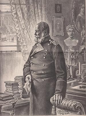 Kaiser Wilhelm am historischen Eckfenster seines Arbeitszimmers Unter den Linden. Er steht, die l...