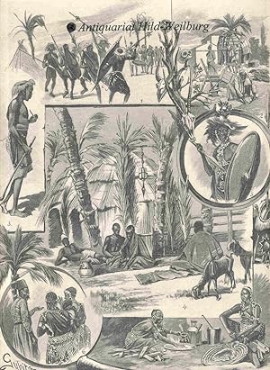 Die Dinka-Neger im Sudan. 7 Abbildungen auf einem Blatt. Zeigt. 1. Ein Kampfspiel. 2. Aufbau der ...