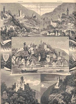 Bild des Verkufers fr Herbst am unteren Neckar. Sammelblatt mit 5 Abbildungen. Zeigt: Neckarsteinach, Zwingenberg, Hirschhorn, Hornberg, Schwalbennest. zum Verkauf von Antiquariat Hild