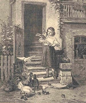 Bild des Verkäufers für Heyden, C.: Unter den Lieblingen. Mädchen füttert Tauben und eine Hühnerfalmilie. zum Verkauf von Antiquariat Hild