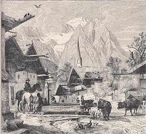 Bild des Verkufers fr Partenkirchen vor dem Brand. Ansicht am Brunnen, im Hintergrund die Kirchturmspitze. zum Verkauf von Antiquariat Hild