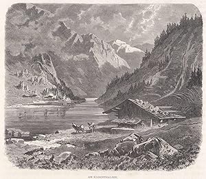 Imagen del vendedor de Am Klntalersee. Idyllische Ansicht, im Vordergrund eine Berghtte. a la venta por Antiquariat Hild