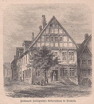 Bild des Verkufers fr Ferdinand Feiligrath's Geburtshaus in Detmold. uere Ansicht mit figrlicher Staffage. zum Verkauf von Antiquariat Hild