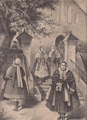 Imagen del vendedor de Buerinnen aus dem Weizacker im Sonntagsstaat. Frauen mit in ihrer prachtvollen Tracht verlassen die Kirche. a la venta por Antiquariat Hild