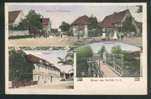 Ansichtskarte: Staße mit Kriegerdenkmal, Gasthof, Pleissenbrücke. Mehrbildkarte. 0, col., I-II, 1...