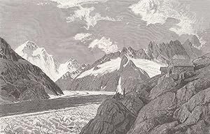 Bild des Verkufers fr Das Finsteraarhorn und der Aaregletscher. Ansicht mit einem steinernen Alpenhaus im Vordergrund. zum Verkauf von Antiquariat Hild