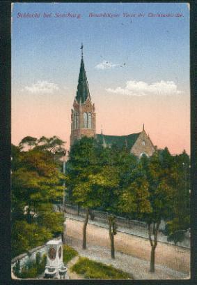Ansichtskarte: Schlacht bei Saarburg. Beschädigter Turm der Christuskirche. 0, col., I-II, 1917.