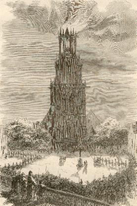 Imagen del vendedor de Delft: Der groe Turm der Kirche von Delft whrend des Brandes am 29. September 1872. Ansicht mit figrlicher Staffage. a la venta por Antiquariat Hild
