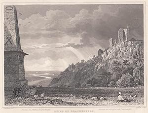 Bild des Verkufers fr Die Ruine Drachenfels. Ansicht mit Blick ins Rheintal, im Vordergrund der Obelisk. zum Verkauf von Antiquariat Hild